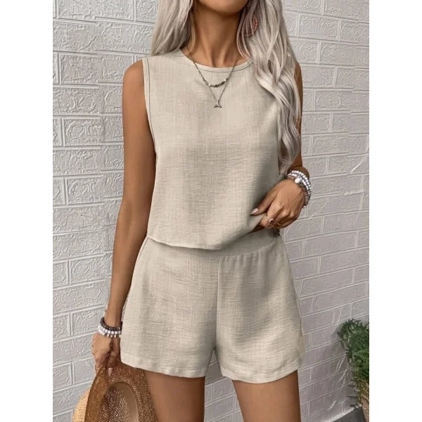 Kadın Keten Kumaş Bisiklet Yakakolsuz Bluz Ve Kısa şort Ikili Takım