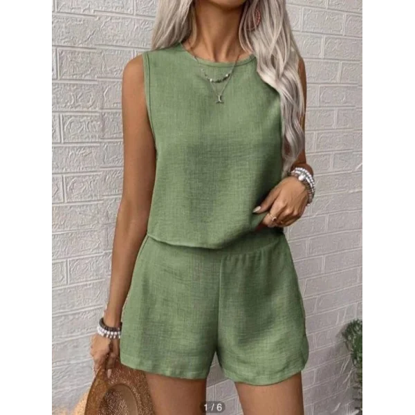Kadın Keten Kumaş Bisiklet Yakakolsuz Bluz Ve Kısa şort Ikili Takım