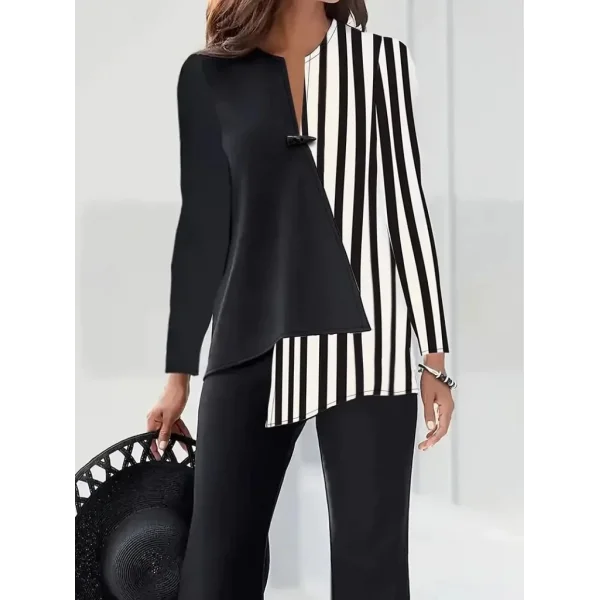 Kadın Keten Kumaş çizgi Desenli Uzun Kollu Bluz