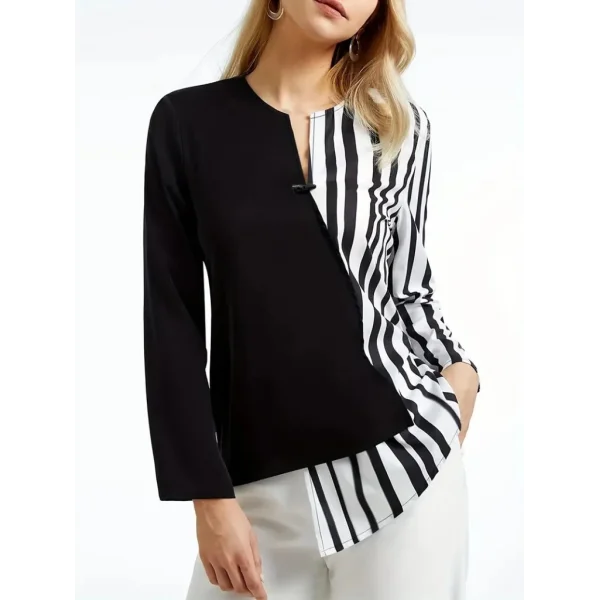 Kadın Keten Kumaş çizgi Desenli Uzun Kollu Bluz