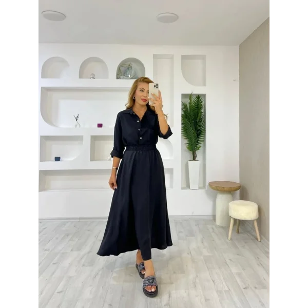 Kadın Keten Kumaş Gömlek Ve Etek Ikili Takim