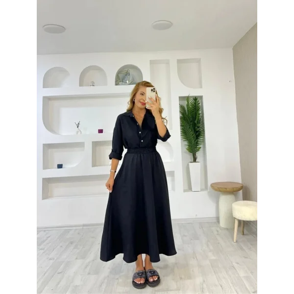 Kadın Keten Kumaş Gömlek Ve Etek Ikili Takim