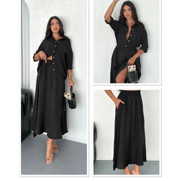 Kadın Keten Kumaş Gömlek Ve Etek Ikili Takim