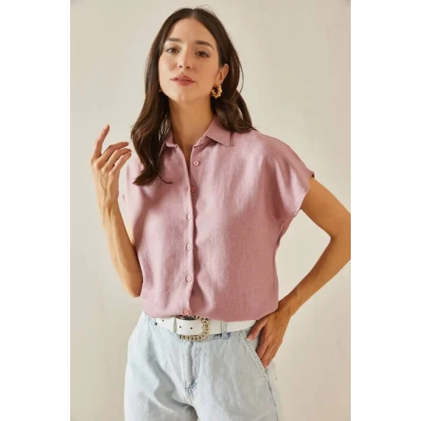 Kadın Keten Kumaş Kısa Kollu Gömlek