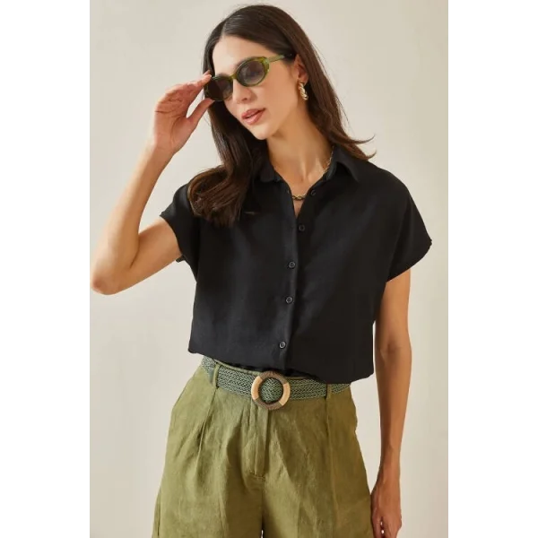 Kadın Keten Kumaş Kısa Kollu Gömlek