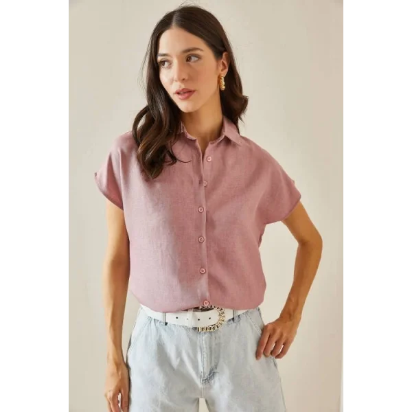 Kadın Keten Kumaş Kısa Kollu Gömlek