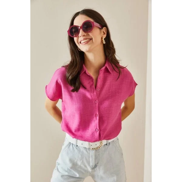 Kadın Keten Kumaş Kısa Kollu Gömlek