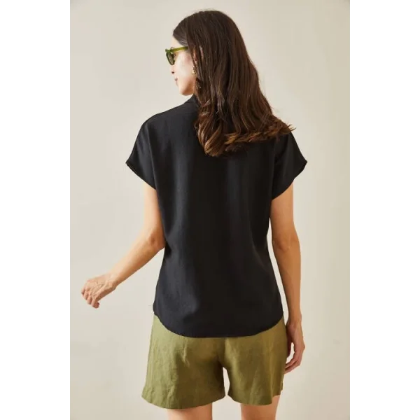 Kadın Keten Kumaş Kısa Kollu Gömlek