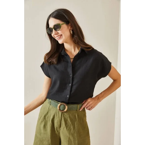 Kadın Keten Kumaş Kısa Kollu Gömlek