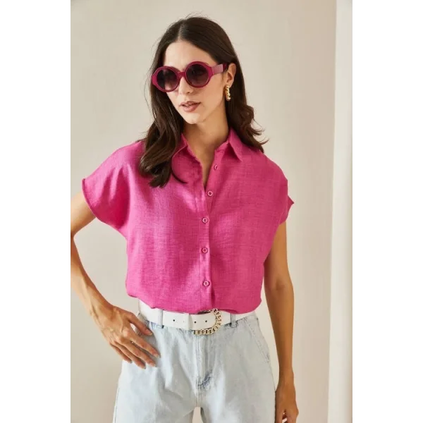 Kadın Keten Kumaş Kısa Kollu Gömlek