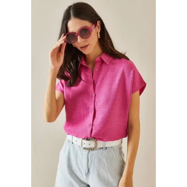 Kadın Keten Kumaş Kısa Kollu Gömlek