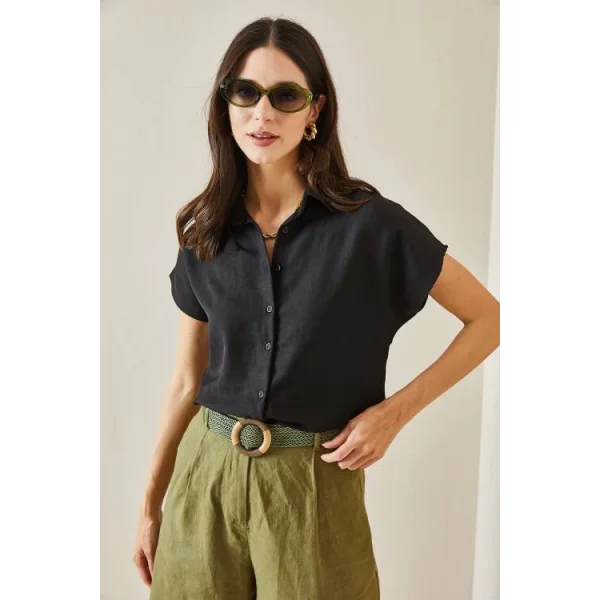 Kadın Keten Kumaş Kısa Kollu Gömlek