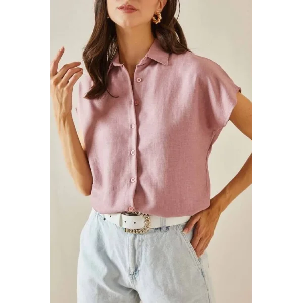Kadın Keten Kumaş Kısa Kollu Gömlek