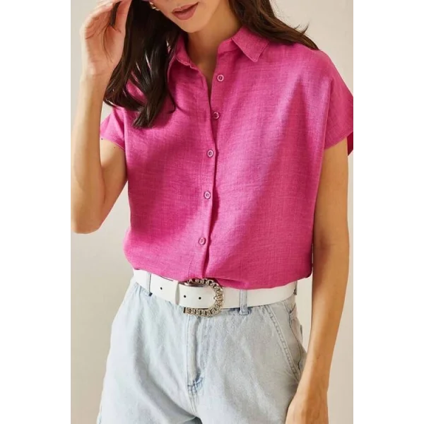 Kadın Keten Kumaş Kısa Kollu Gömlek