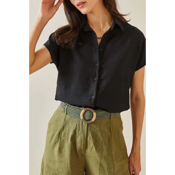 Kadın Keten Kumaş Kısa Kollu Gömlek