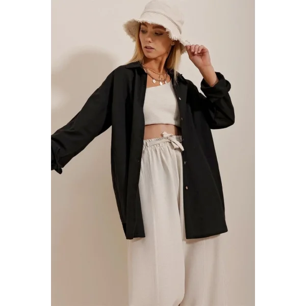 Kadın Keten Kumaş Oversize Gömlek