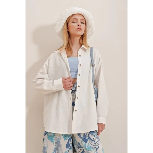 Kadın Keten Kumaş Oversize Gömlek