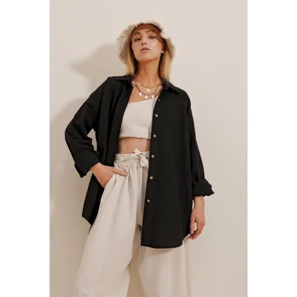 Kadın Keten Kumaş Oversize Gömlek