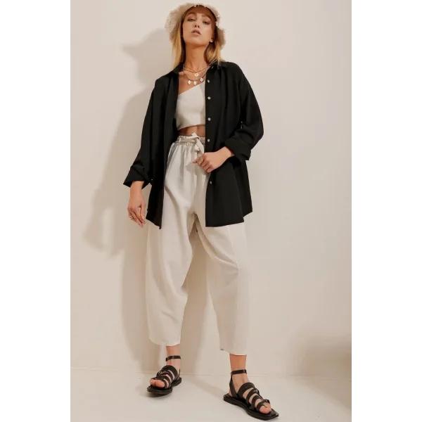 Kadın Keten Kumaş Oversize Gömlek