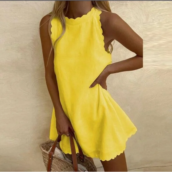 Kadın Keten Kumaş Sıfır Kol Mini Boy Elbise