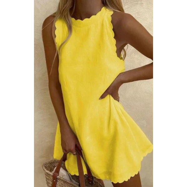 Kadın Keten Kumaş Sıfır Kol Mini Boy Elbise