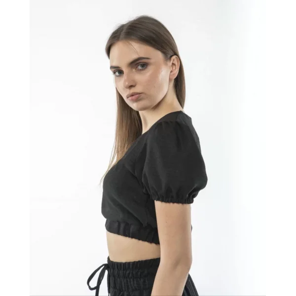 Kadin Keten Pantolon ve Crop Takım - Siyah