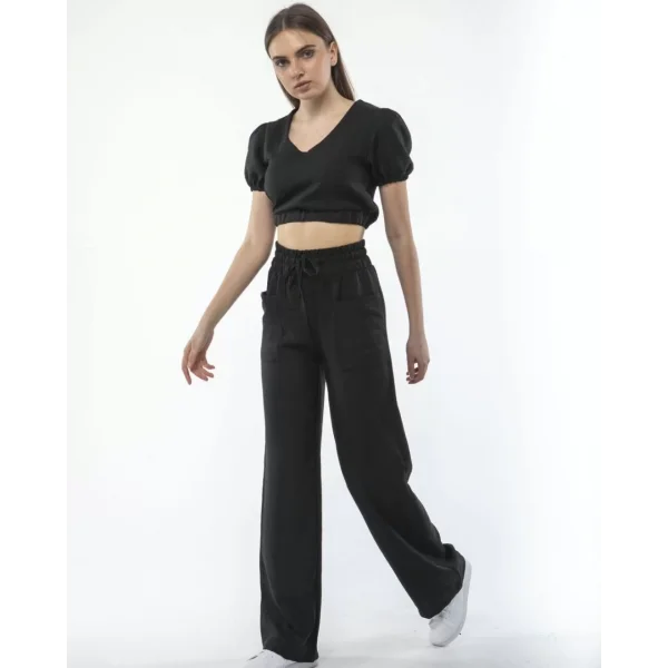 Kadin Keten Pantolon ve Crop Takım - Siyah