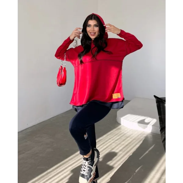 Kadın Kırmızı Kapşonlu Etek Ucu Detay Arma Ters Dikiş Gorunumlu Ikili Takım