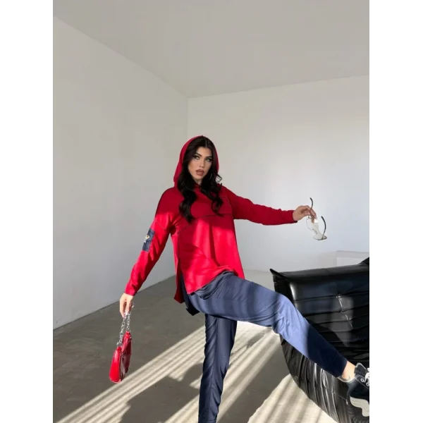 Kadın Kırmızı Kapşonlu Etek Ucu Detay Arma Ters Dikiş Gorunumlu Ikili Takım