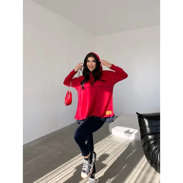 Kadın Kırmızı Kapşonlu Etek Ucu Detay Arma Ters Dikiş Gorunumlu Ikili Takım