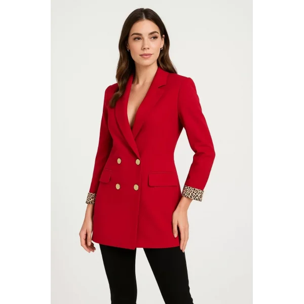 Kadın Kırmızı Kırlangıç Yaka Altın Düğmeli Blazer Leopar Manşetli Ceket- Kırmızı