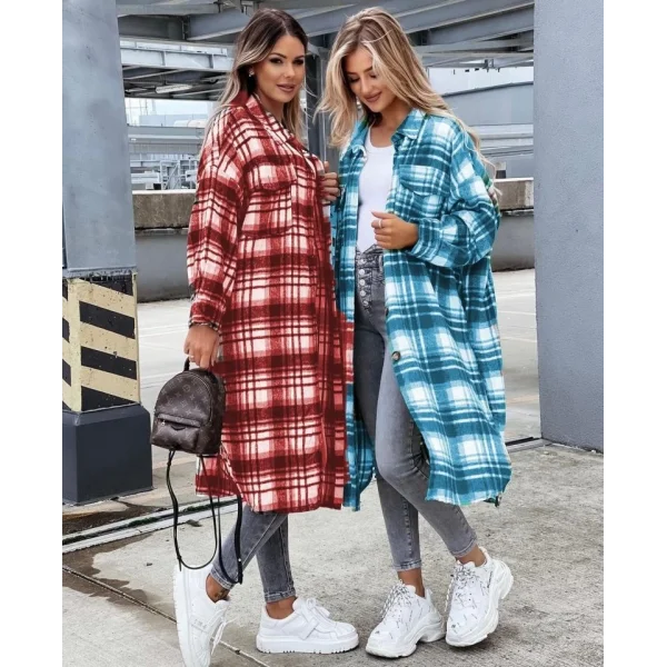 Kadın Kırmızı Uzun Ekose Detay Fırsat ürün Ekose Ceket