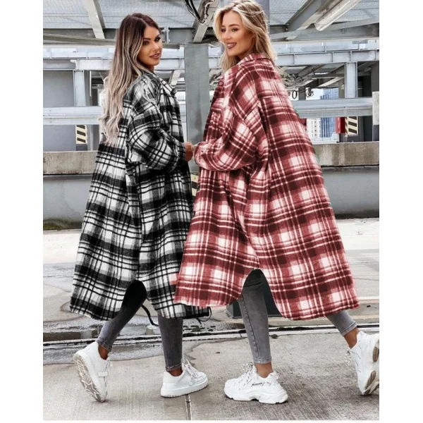 Kadın Kırmızı Uzun Ekose Detay Fırsat ürün Ekose Ceket