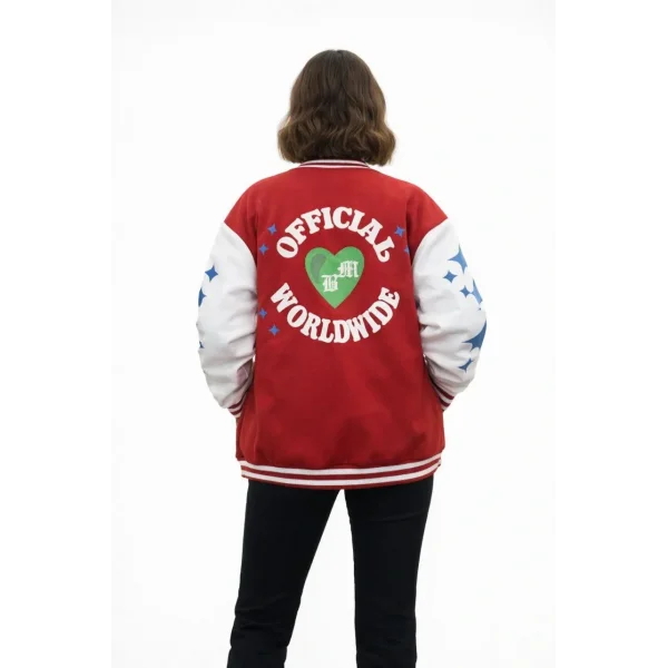 Kadın Kırmızı Varsity Çıtçıtlı Baskılı Oversize kalıp Kolej Ceket - Kırmızı