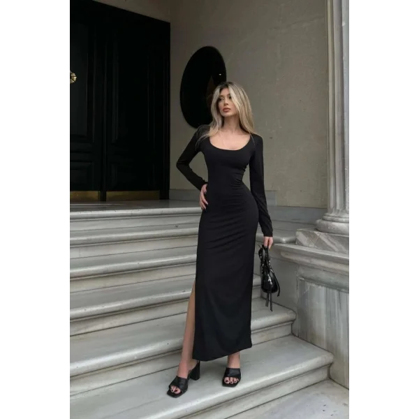 Kadın Kırmızı Yarım Balıkçı Tek Taraf Yırtmaçlı Uzun Kol Elbise