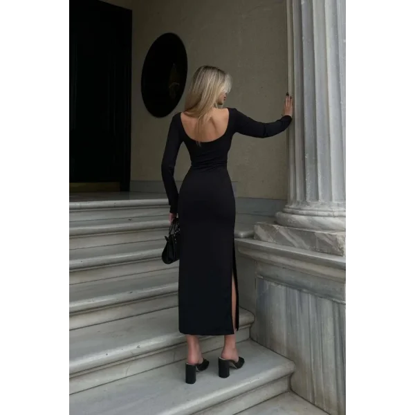 Kadın Kırmızı Yarım Balıkçı Tek Taraf Yırtmaçlı Uzun Kol Elbise