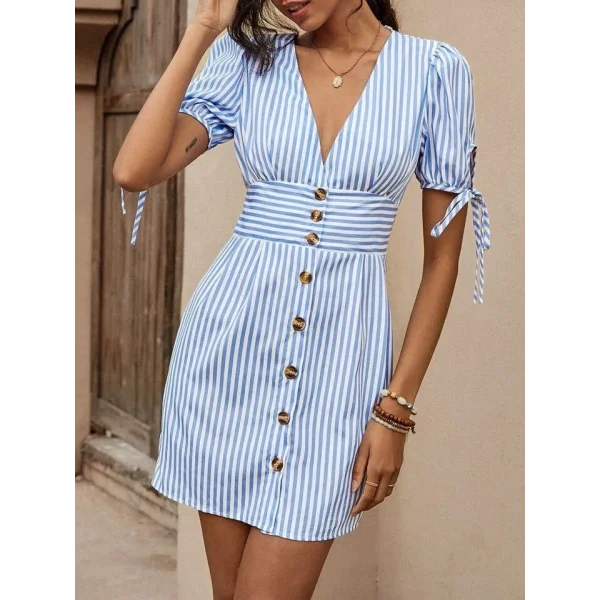 Kadın Kısa Bağcıklı Kol Kruvaze Yaka önden Düğmeli Kısa Poplin Elbise