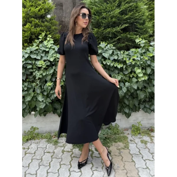 Kadın Kısa Balon Kollu Bisiklet Yaka Geniş Kesim Janjan Krep Elbise