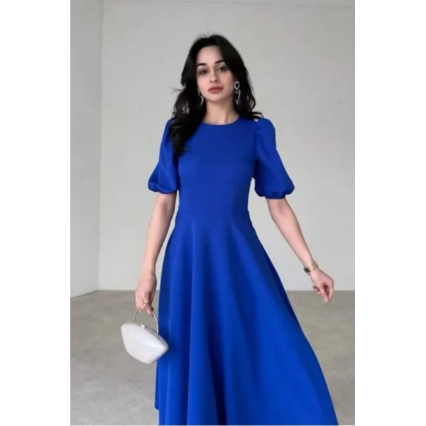 Kadın Kısa Balon Kollu Bisiklet Yaka Geniş Kesim Janjan Krep Elbise