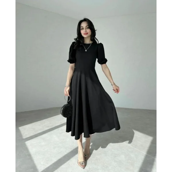 Kadın Kısa Balon Kollu Bisiklet Yaka Geniş Kesim Janjan Krep Elbise