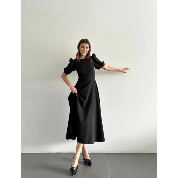 Kadın Kısa Balon Kollu Bisiklet Yaka Geniş Kesim Janjan Krep Elbise