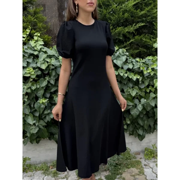 Kadın Kısa Balon Kollu Bisiklet Yaka Geniş Kesim Janjan Krep Elbise