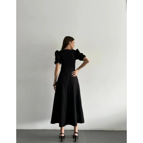 Kadın Kısa Balon Kollu Bisiklet Yaka Geniş Kesim Janjan Krep Elbise