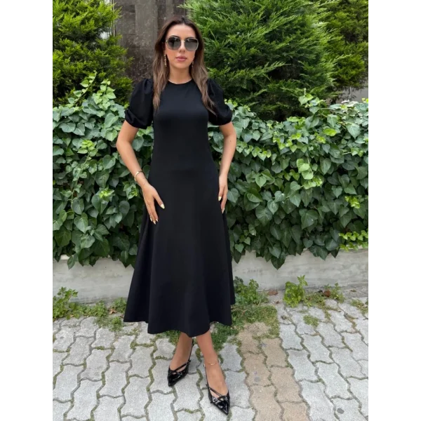 Kadın Kısa Balon Kollu Bisiklet Yaka Geniş Kesim Janjan Krep Elbise