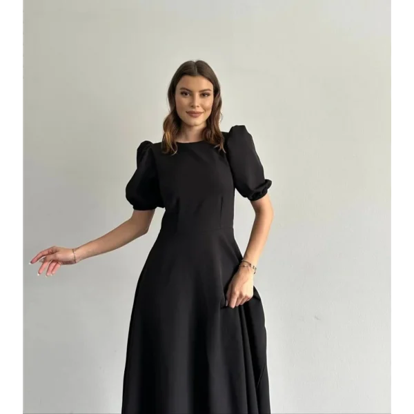 Kadın Kısa Balon Kollu Bisiklet Yaka Geniş Kesim Janjan Krep Elbise