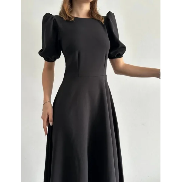 Kadın Kısa Balon Kollu Bisiklet Yaka Geniş Kesim Janjan Krep Elbise