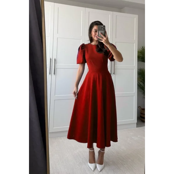 Kadın Kısa Balon Kollu Bisiklet Yaka Geniş Kesim Janjan Krep Elbise