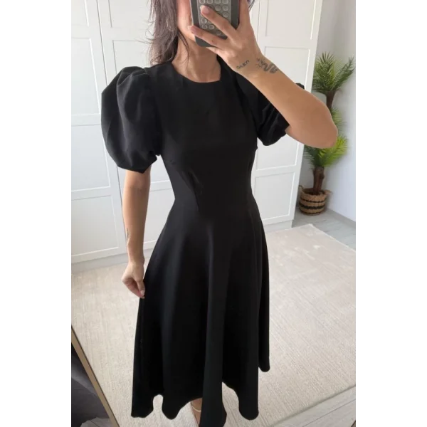 Kadın Kısa Balon Kollu Bisiklet Yaka Geniş Kesim Janjan Krep Elbise