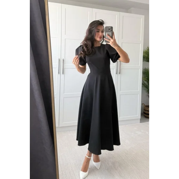 Kadın Kısa Balon Kollu Bisiklet Yaka Geniş Kesim Janjan Krep Elbise