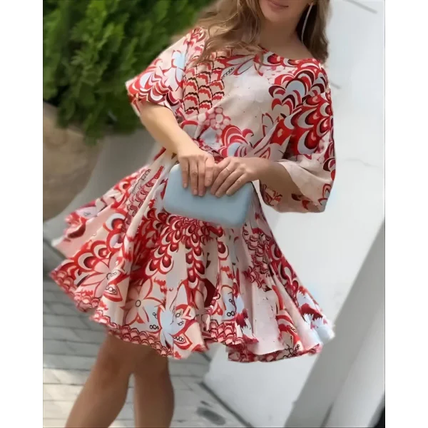 Kadın Kısa Balon Kollu Yuvarlak Yakalı Pileli Desenli Mini Elbise